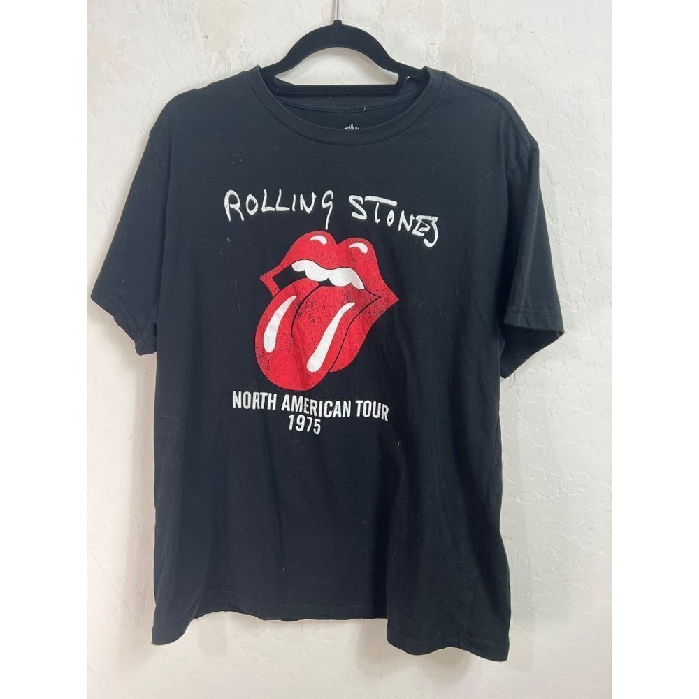 Rolling Stones XL 100% Cotton Black T-Shirt Graphic Tee Lip Logo Vintage 1975